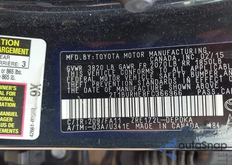 2015 Toyota Corolla L z USA, uszkodzony, nr VIN 2T1BURHE8FC366966